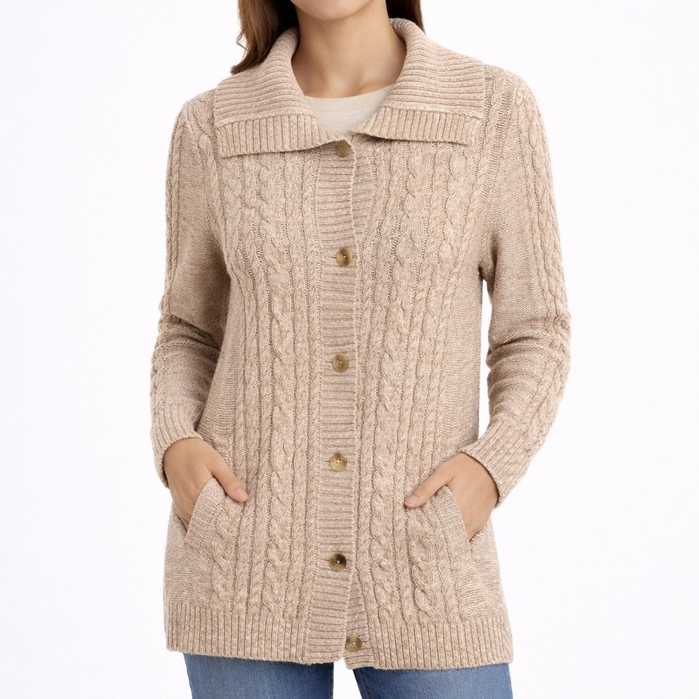 L.L. Bean Cable Knit Fisherman Cardigan Sweater Beige Cotton Button Front M